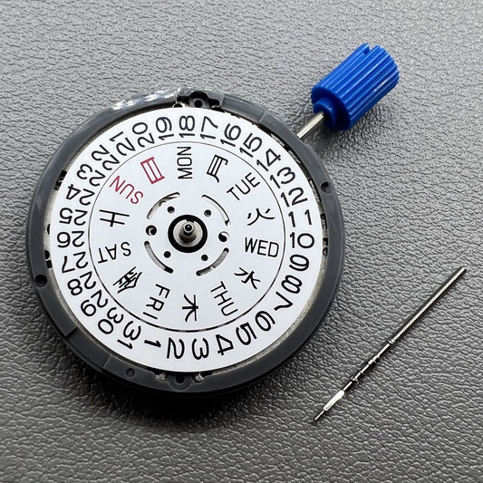 Seiko NH36 watch movement with white day-date disk, Japanese-English font, crown positioned at 3.8.