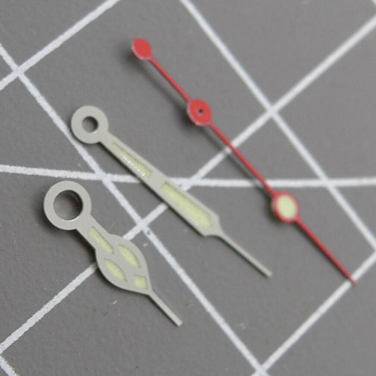 12.5mm green lume watch hands with silver trim and red second hand for NH35 NH36 movement.