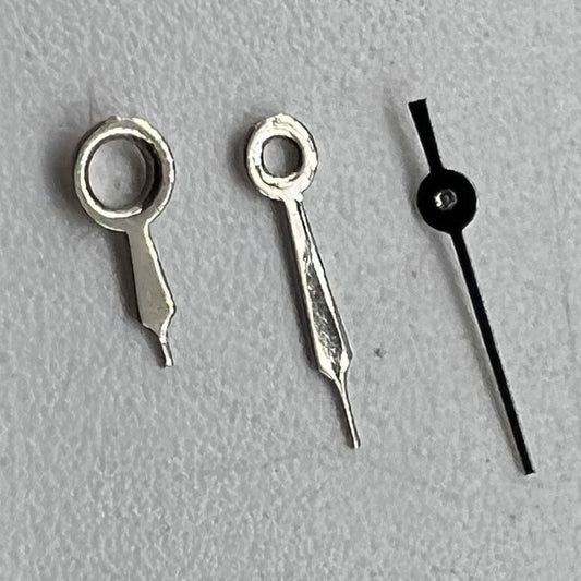 Silver watch hands set for Miyota 2035, 7mm/6mm/5mm lengths, precise fit for replacement or repair.