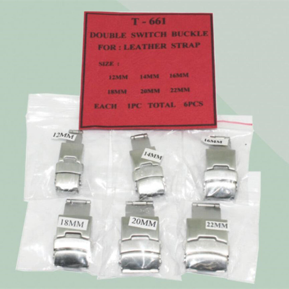 1. Six double switch watch buckles 12-22mm for leather straps, durable design.  