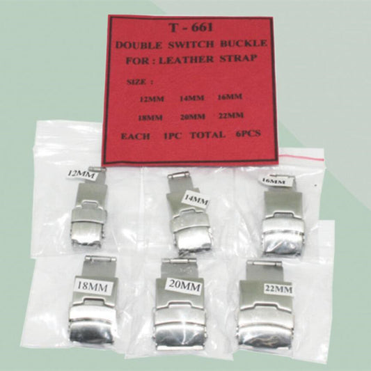 1. Six double switch watch buckles 12-22mm for leather straps, durable design.  