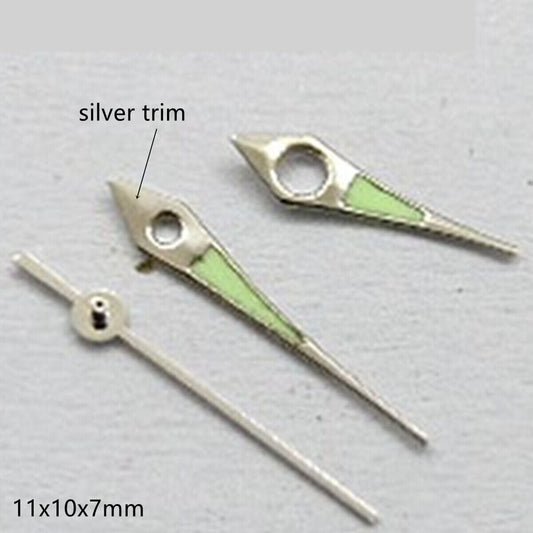 1. Silver-trimmed green lume arrow-shaped watch hands for Miyota 2035, 2115, 2105 movements.  