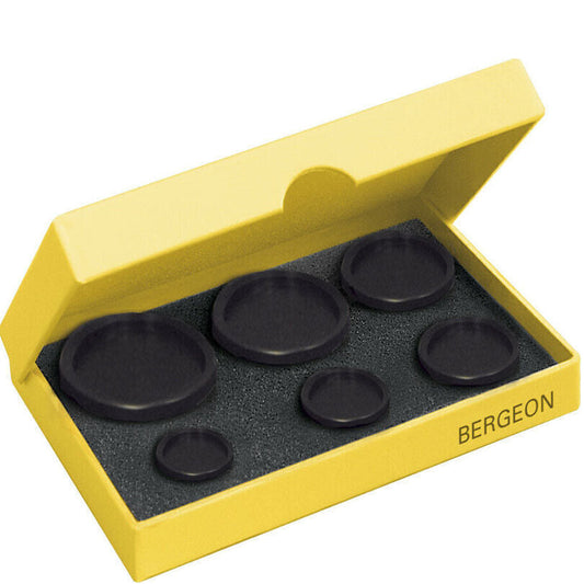 Bergeon 6527-6CP fitting dies for 19-40mm domed mineral watch glasses in watch repair.