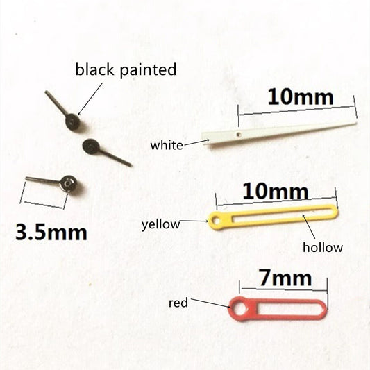 White, yellow, red, and black trimmed hollow watch hand by Epson for VD53, VD54, VD57 models.
