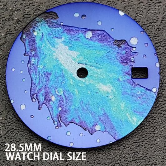 Blue 28.5mm oil painting leave pattern watch dial for NH35 movement, stylish and precise design.