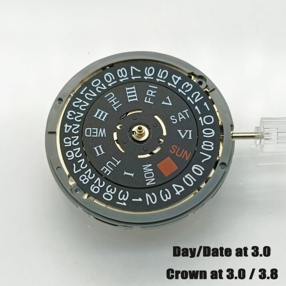 Black NH36 NH36A watch movement with Roman wheel crown at 3 o'clock, automatic mechanical precision.