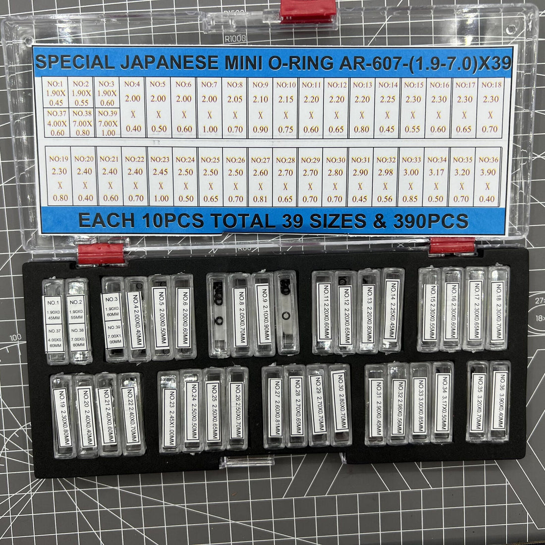 390pcs waterproof mini O-rings kit in 39 sizes, 1.9-7mm seals for watch crowns by Japan brand.