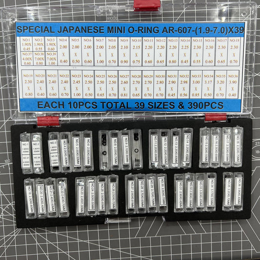 390pcs waterproof mini O-rings kit in 39 sizes, 1.9-7mm seals for watch crowns by Japan brand.