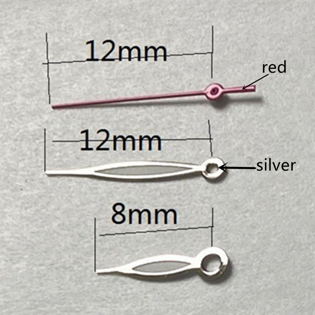 12mm red second hand with silver trim for Miyota 2315 and 2035 watch movements.