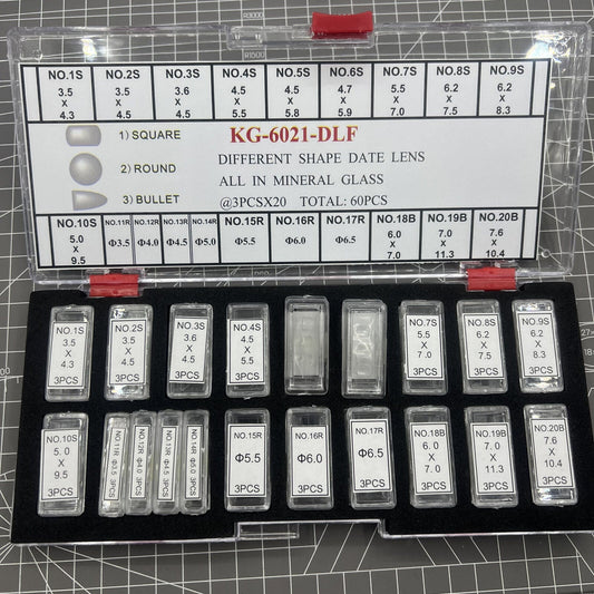 KG-6021-DLF watch accessory set with 3 sizes of date lenses, 60pcs box, mineral glass.