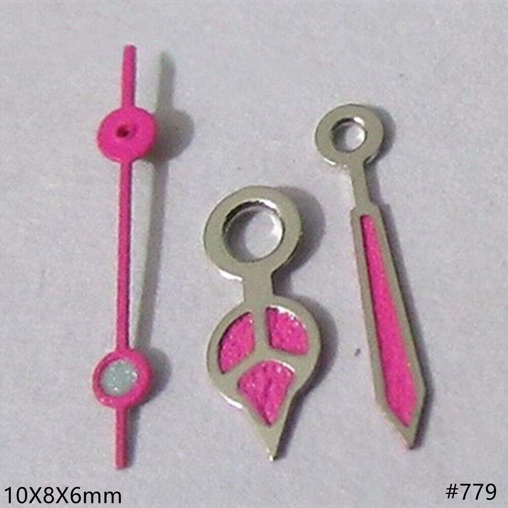10mm Rose Pink watch hands with silver trim, compatible with Miyota 2035, 2115, 2105, 2305 movements.
