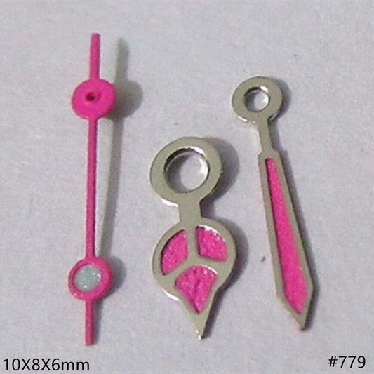 10mm Rose Pink watch hands with silver trim, compatible with Miyota 2035, 2115, 2105, 2305 movements.