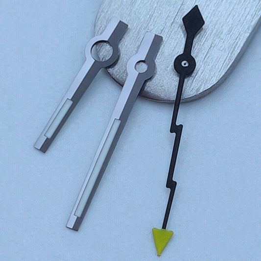 Black trim watch hands with yellow pointed tips, compatible with NH35 and NH36 movements by Black Lightning.