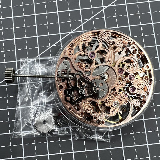 ST3600 6497 carved hollow watch movement by Seagull, manual winding mechanical caliber detail.