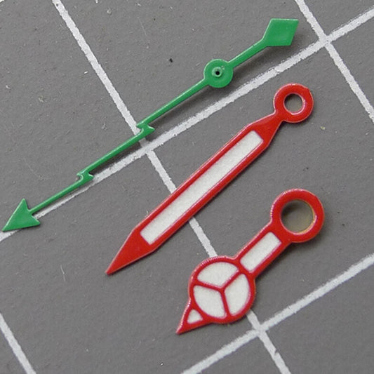 Green Lightning watch hands with red trim lume, compatible with NH35, NH36, SKX007, SBBN models.