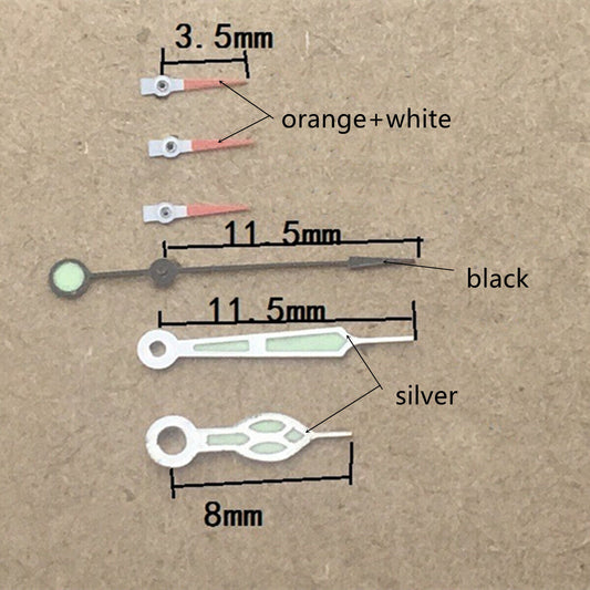 Orange and white small second watch hands with silver trim for Miyota OS10 OS20 OS60 OS80 movements, brand Orange+White.