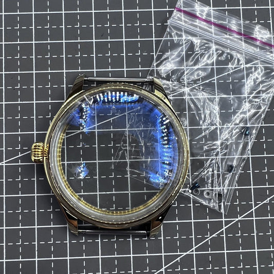 44mm 316L golden watch case for Seagull ST3600/ST3621 and ETA 6497/6498 movements, sleek design.