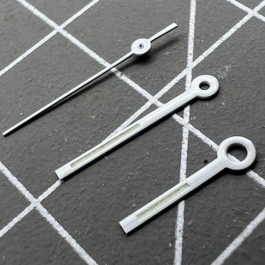 Silver-trimmed green lume square tip watch hands, compatible with Miyota 6M12 quartz movement, enhancing readability.