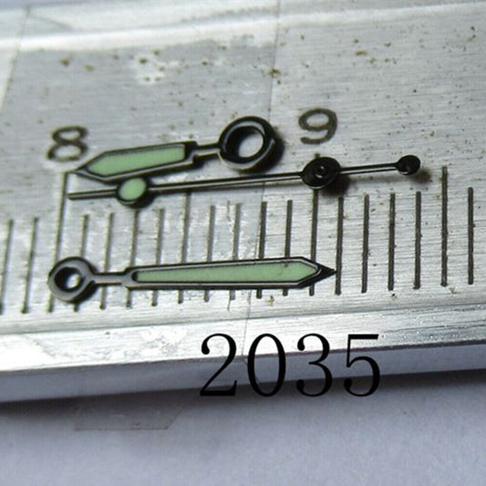 Black trim polished green luminous watch hand for Miyota 2035 movement, enhancing night visibility by BrandName.