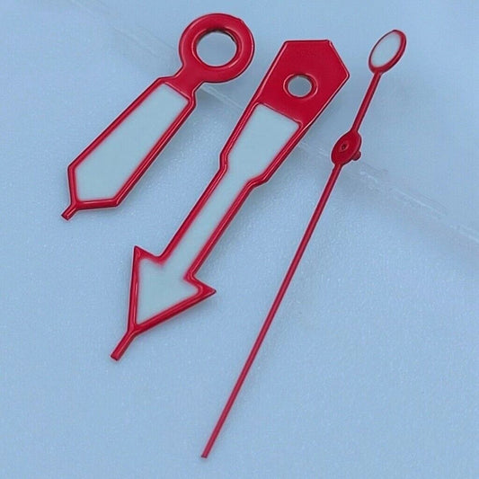 Red trimmed white painted watch hands with green lume for NH35, NH36, 7S26, 7S36 movements, Timely brand.