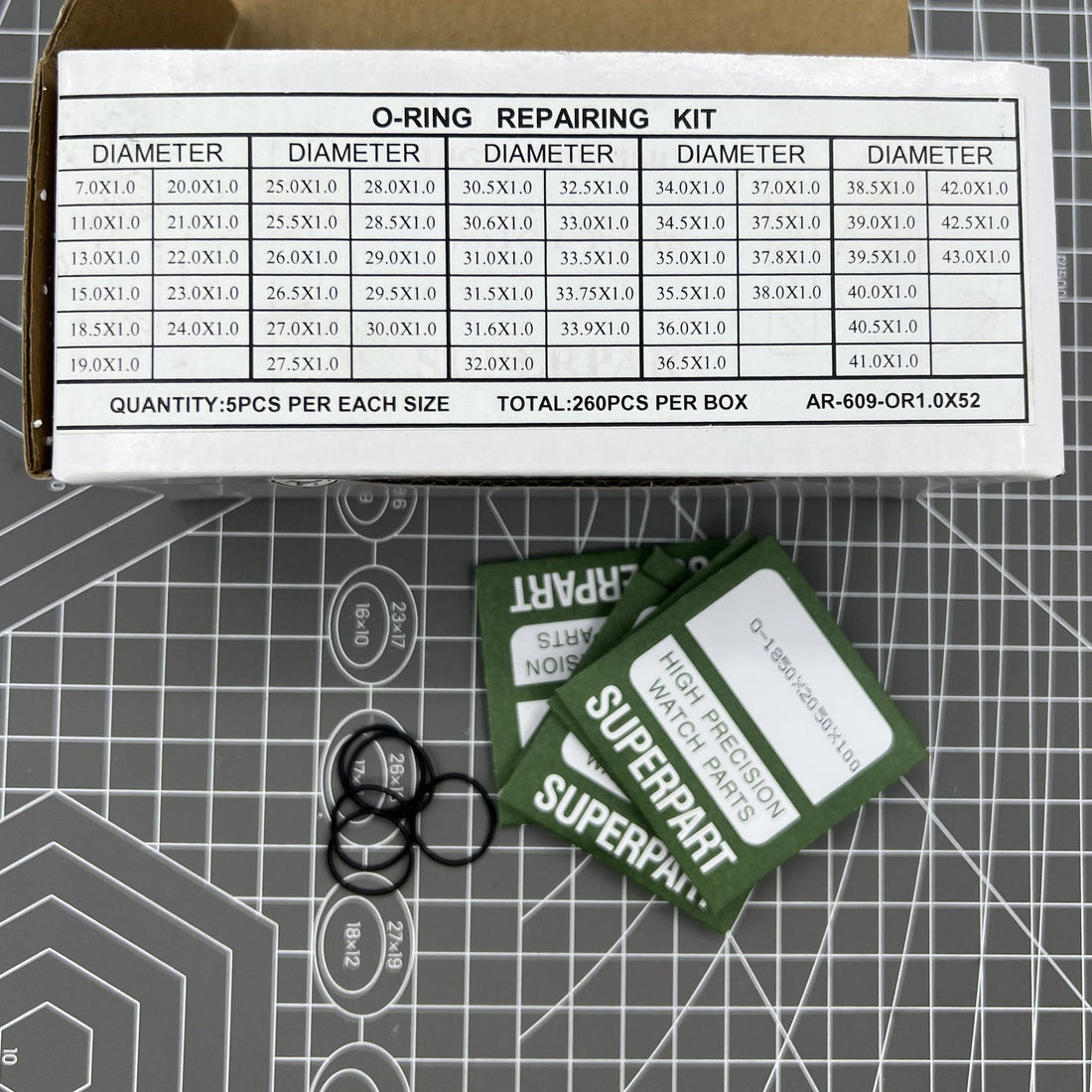 260pcs Waterproof O Ring Kit, 52 Sizes, 1.0mm Thickness, Watch Back Gasket Washers for Repairs
