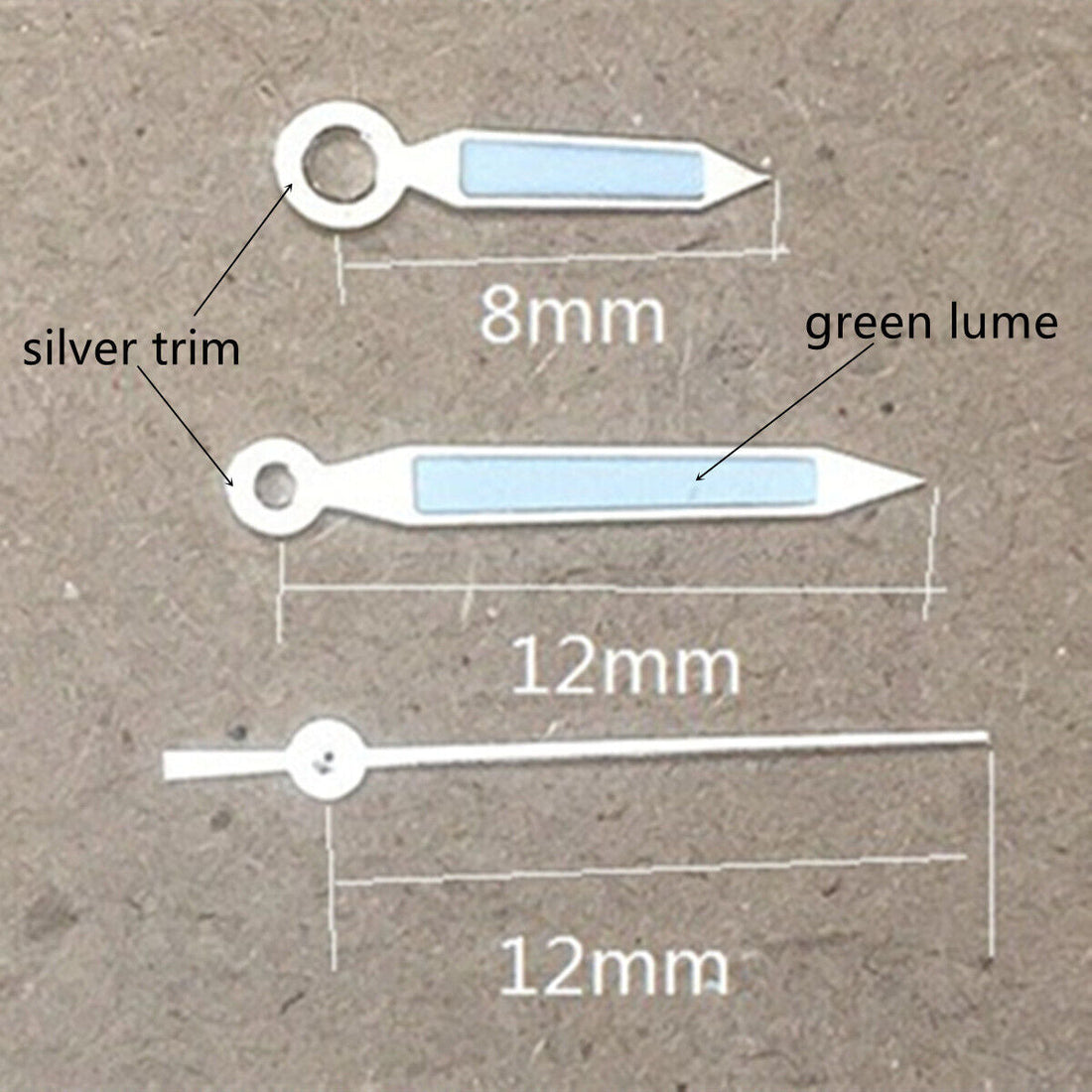 Silver trim green lume arrow watch hands for Miyota 1M12 movement, precise timekeeping accessory.