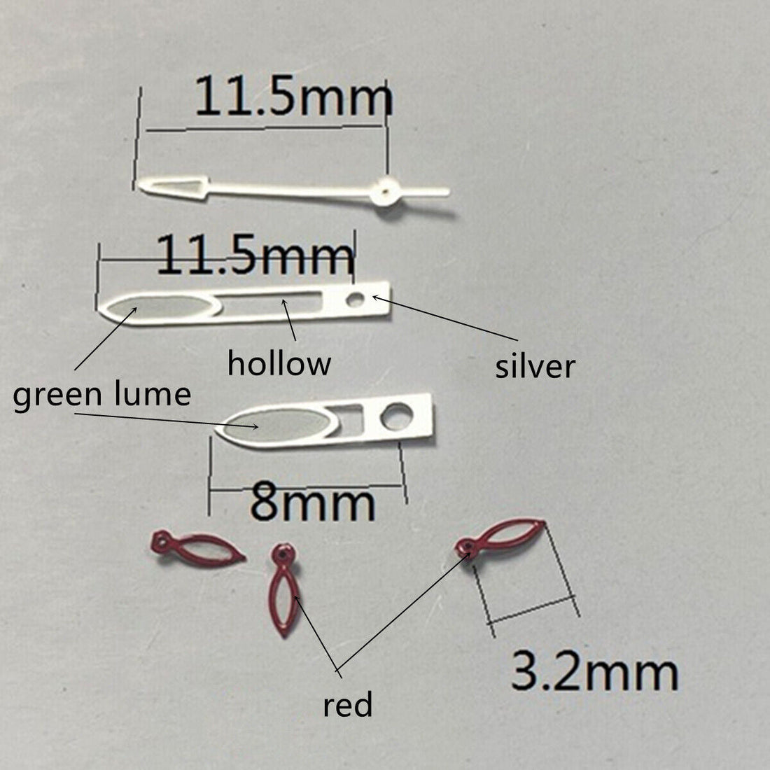 Silver watch hands with red lume trim designed for Miyota OS10 OS20 OS22 OS60 OS80 OS11 movements.