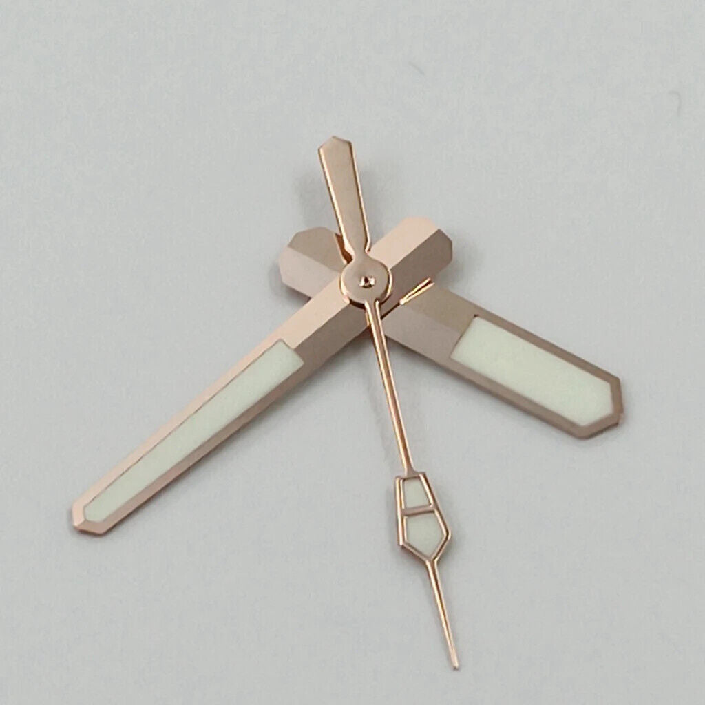 Rose gold watch hands with green lume, compatible with NH35, NH36, 7S26, 7S36, 4R35 movements.
