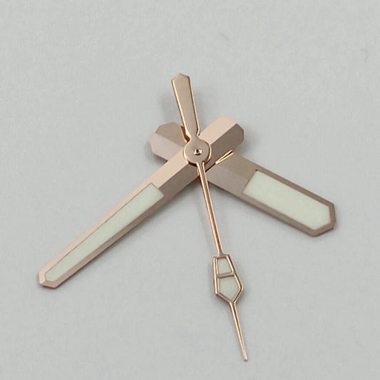 Rose gold watch hands with green lume, compatible with NH35, NH36, 7S26, 7S36, 4R35 movements.