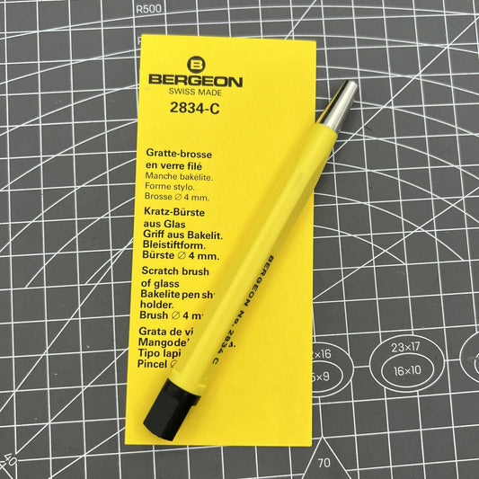Bergeon 2834-C fibre scratch brush gently cleans watch glass, preventing scratches and preserving clarity.