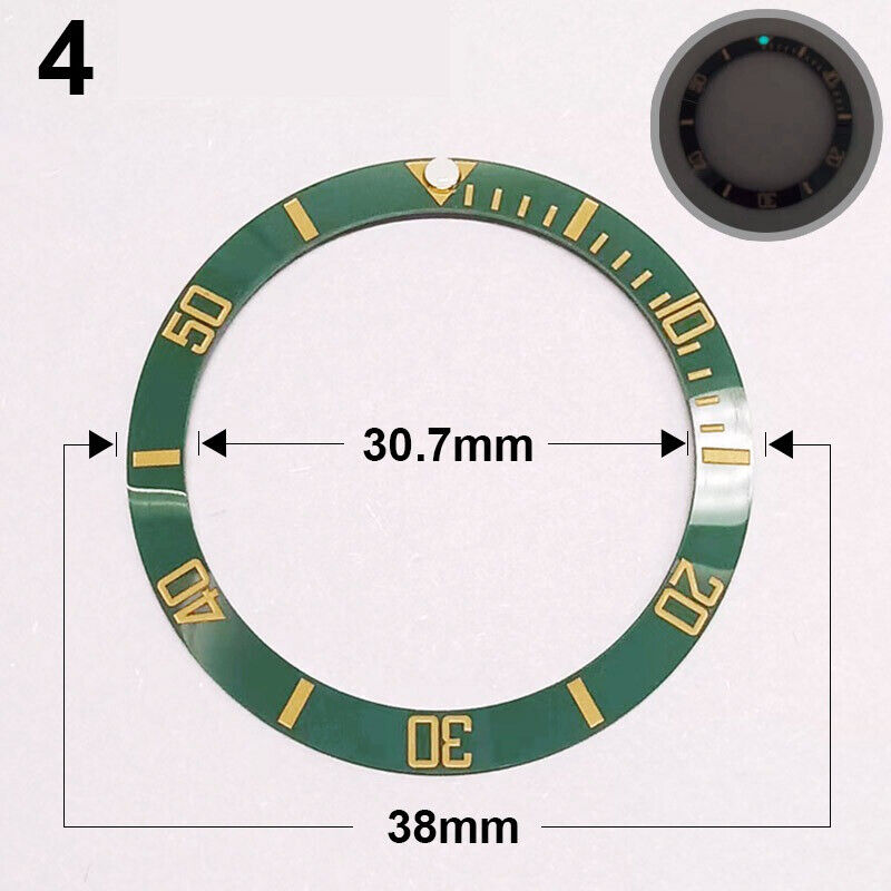 Green ceramic 38mm watch bezel with golden font and luminous markers, compatible with slope models.