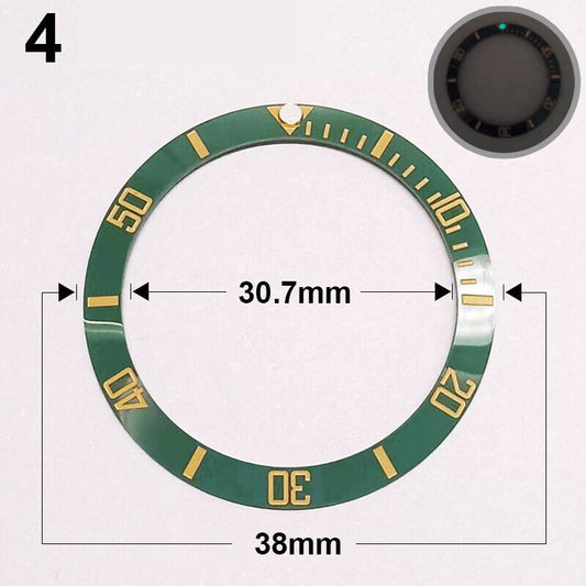 Green ceramic 38mm watch bezel with golden font and luminous markers, compatible with slope models.