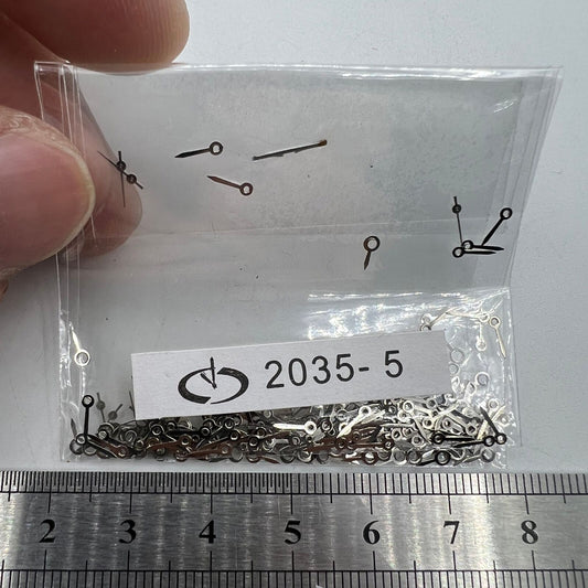 Silver 5mm second hands set for Miyota 2035 quartz watches, precise timing.