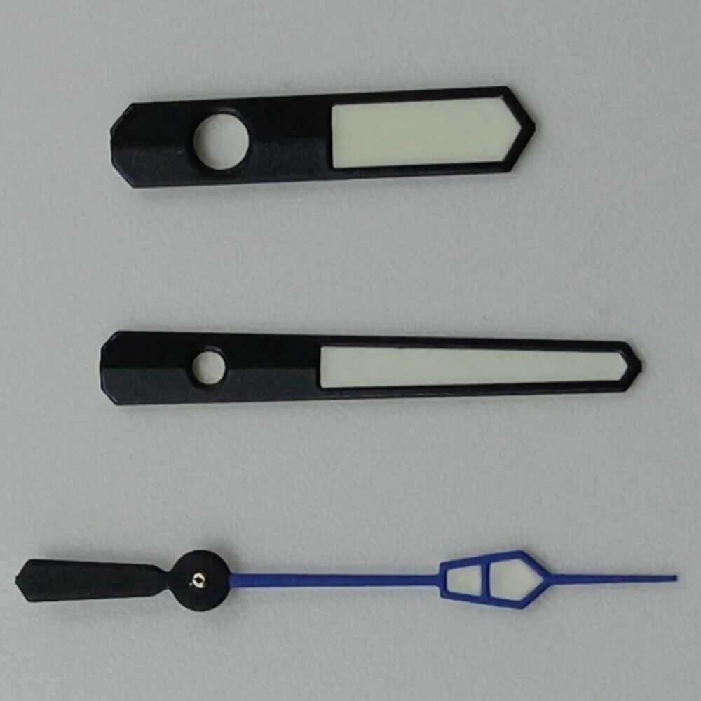Blue and black trim 12.5mm watch hands with green lume for NH35 NH36 7S26 7S36 movements, BrandName.