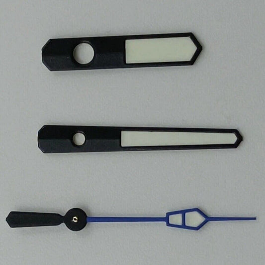 Blue and black trim 12.5mm watch hands with green lume for NH35 NH36 7S26 7S36 movements, BrandName.
