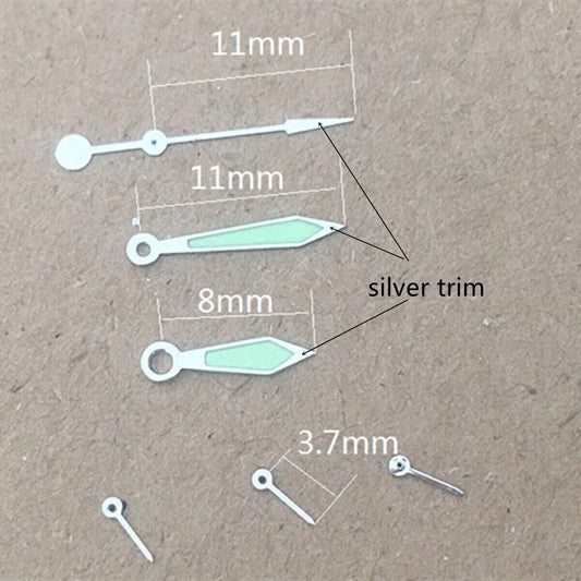 Silver arrow-shaped watch hands with green lume, compatible with Miyota OS10 OS20 OS60 OS80 movements.