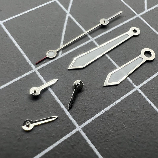 Arrow shape 13mm silver-trimmed green lume watch hands for VD53 VD54 VD57 movements.