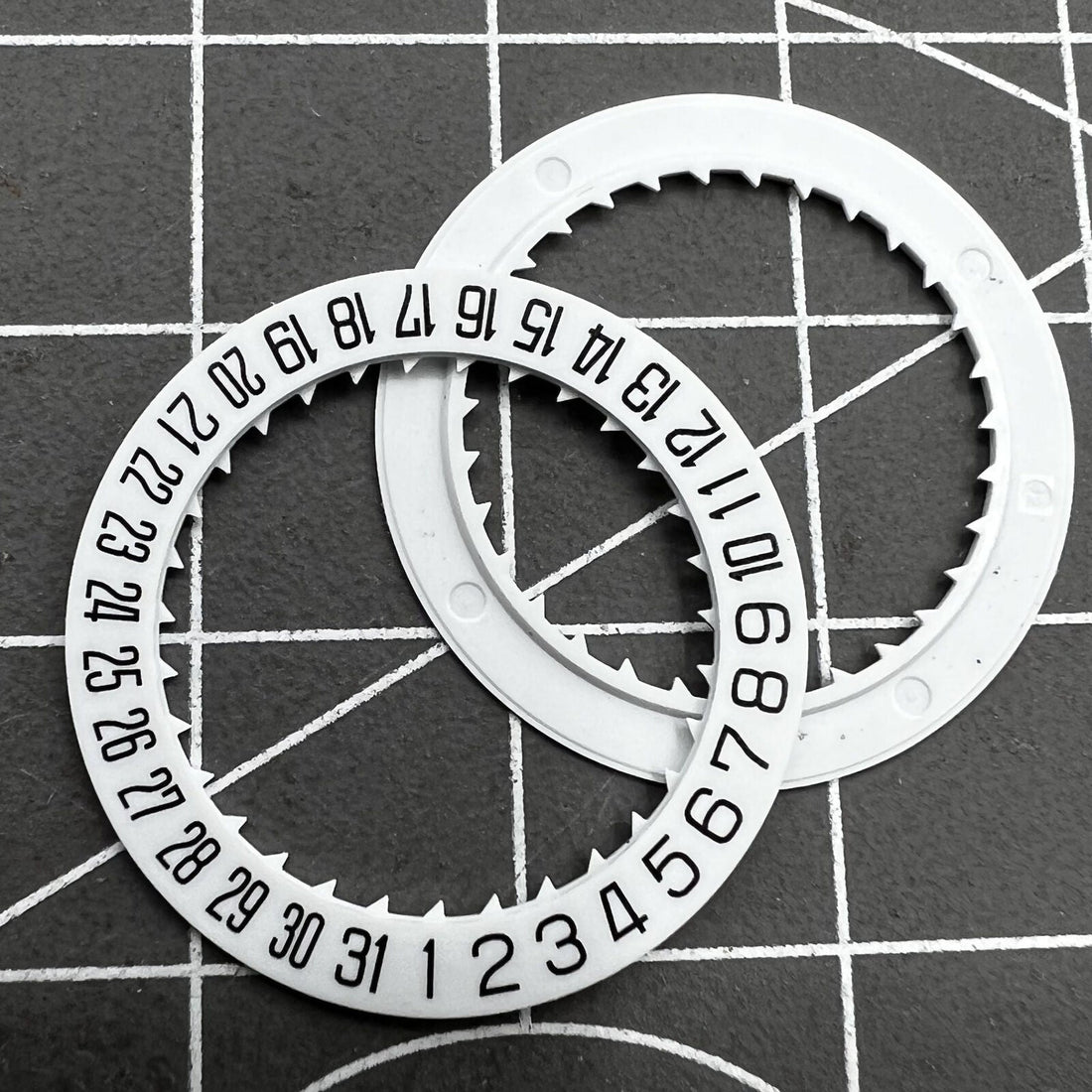 White date disk wheel with special font for Miyota 8215 movement, date display positioned at 6 o'clock.