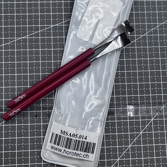Swiss Horotec MSA05.014 hand levers pair with 10mm tips for precise wristwatch repairs and adjustments.