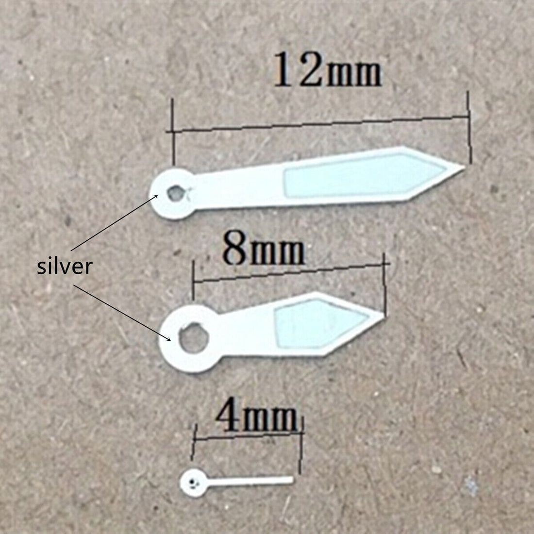 12mm silver-trimmed green lume watch hands for Miyota 1L45 quartz movement.