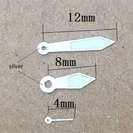 12mm silver-trimmed green lume watch hands for Miyota 1L45 quartz movement.