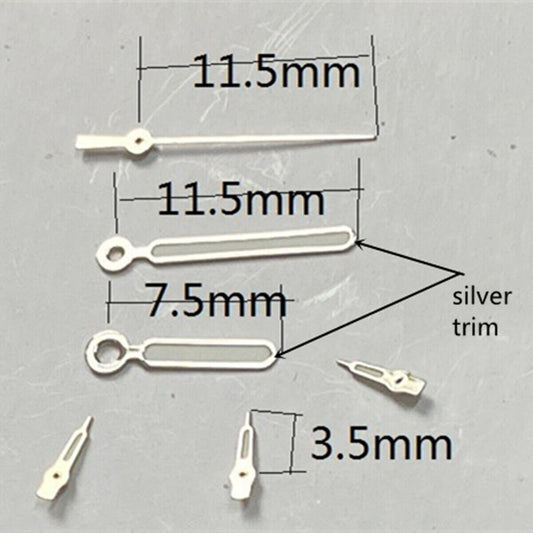11.5mm silver-trimmed round tip green lume watch hands for VD53 VD54 VD57 movements.