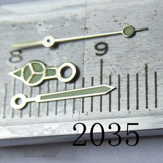 Silver trim green luminous watch hand designed for Miyota 2035, 2115, 2105, 2305, 2315 movements.