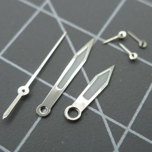 Pointed 13mm green luminous watch hands with silver trim for Miyota 0S10 movement.