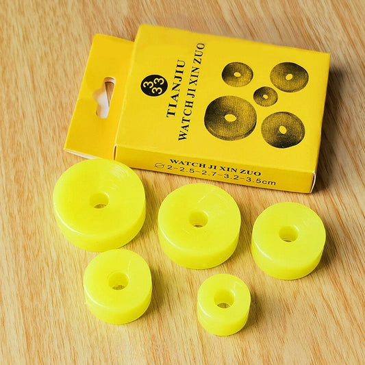 1. Set of 5 yellow watch movement pads, 2-3.5cm, ideal for watch repair and cushion support.  