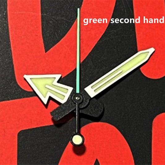 Green lume watch hands with silver trim, compatible with NH35A, SKX007, and SRP777 models, perfect for replacements.