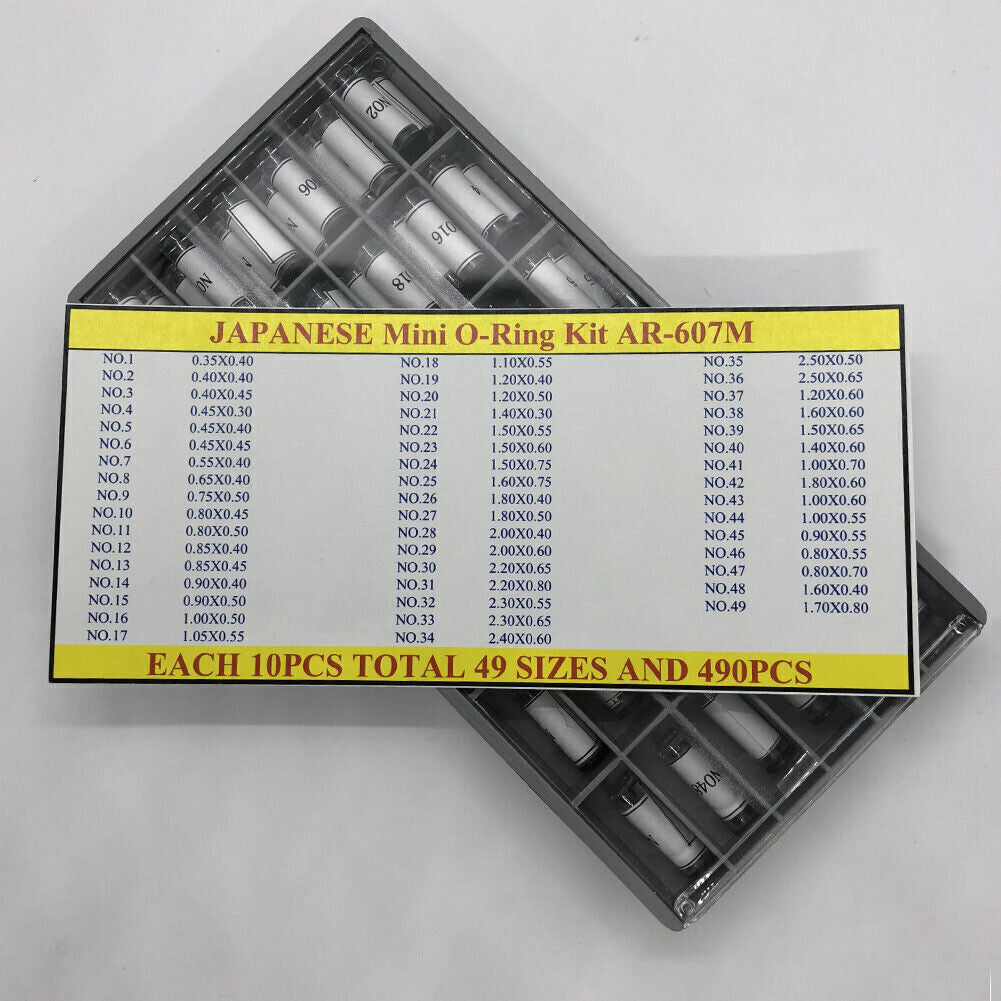 AR-607M Japanese mini O-ring kit with 490pcs in 49 sizes, perfect for watch accessory repairs.