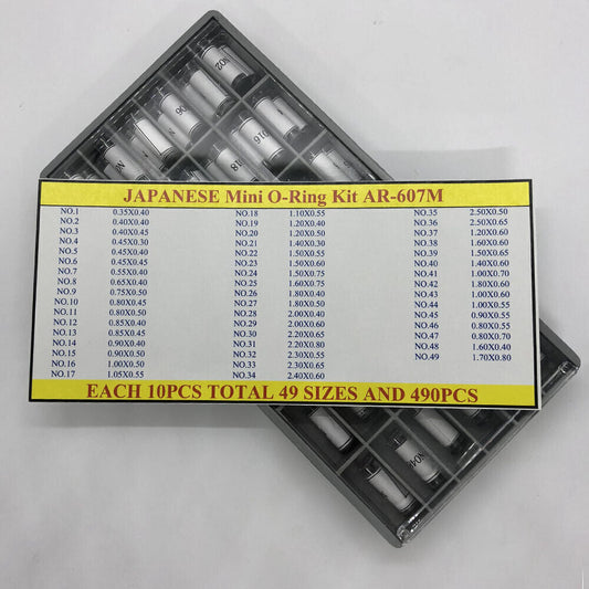 AR-607M Japanese mini O-ring kit with 490pcs in 49 sizes, perfect for watch accessory repairs.