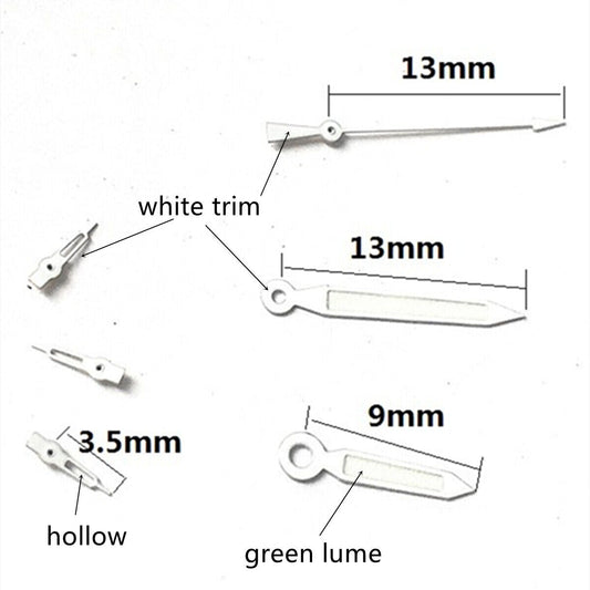 Silver trim green lume watch hands for Epson VD53 VD54 VD57 movement, precise fit, luminous visibility.