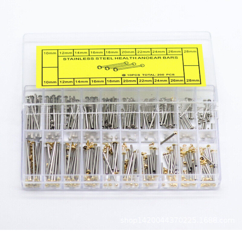 Assorted 200pcs watch strap screws and link pins kit, 10-28mm for watch band repairs and adjustments.